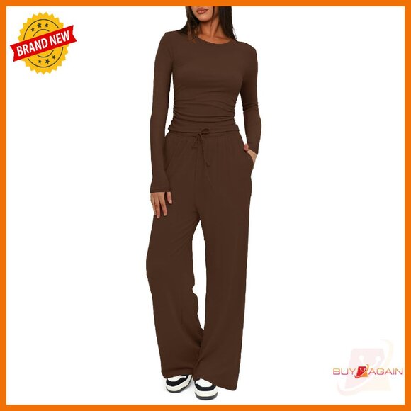 Pants - Women's 2 Piece Lounge Set Long Sleeve Top Wide Leg Pants Matching Outfit